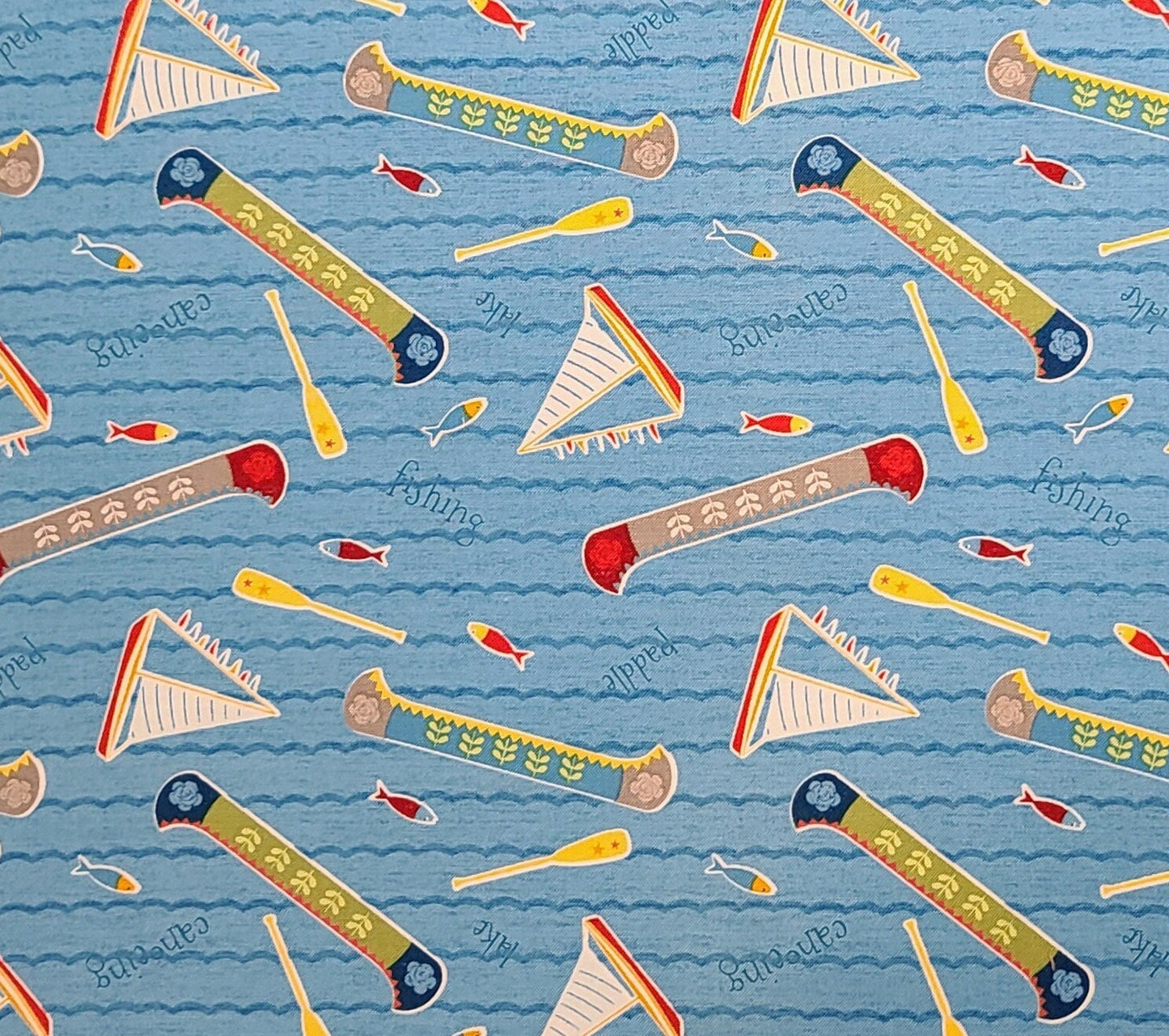 EOB - Let's Go Glamping Anne Rowan Licensed to WP - Blue Tonal Water Print Fabric / Canoe, Sailboat, Oar, Fish