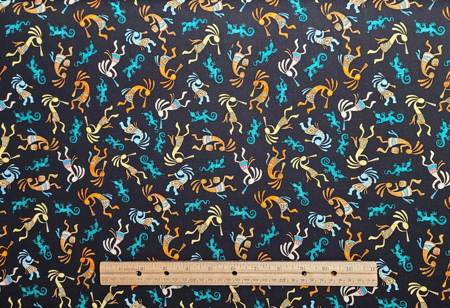 Dan Morris Design 2017 for QT Fabrics - Black Fabric / Turquoise, Brown, Light Blue Kokopele / Green Gecko