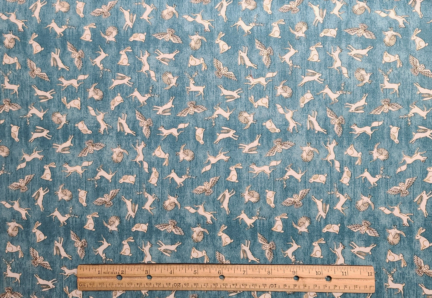 David Morris Design 2017 for Quilting Treasures - Teal Tonal Fabric / White Rabbit, Owl, Deer Tossed Print