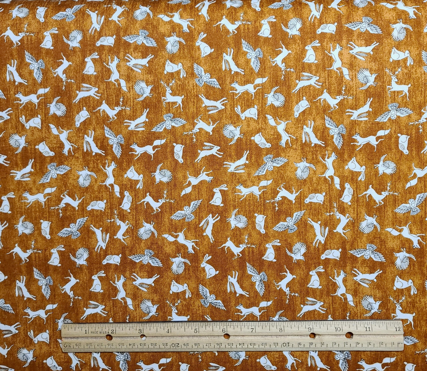 David Morris Design 2017 for Quilting Treasures - Rust Tonal Fabric / White Rabbit, Owl, Deer Tossed Print