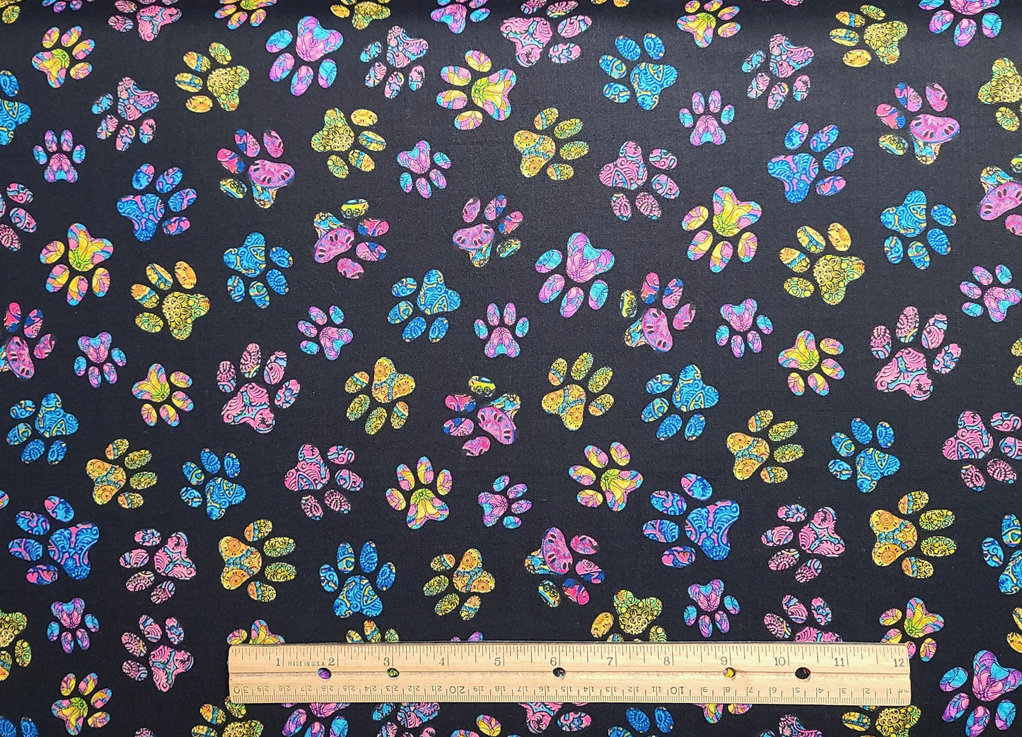 EOB - Dan Morris Design 2017 for QT Fabrics - Black Fabric / Brightly Colored Paw Prints