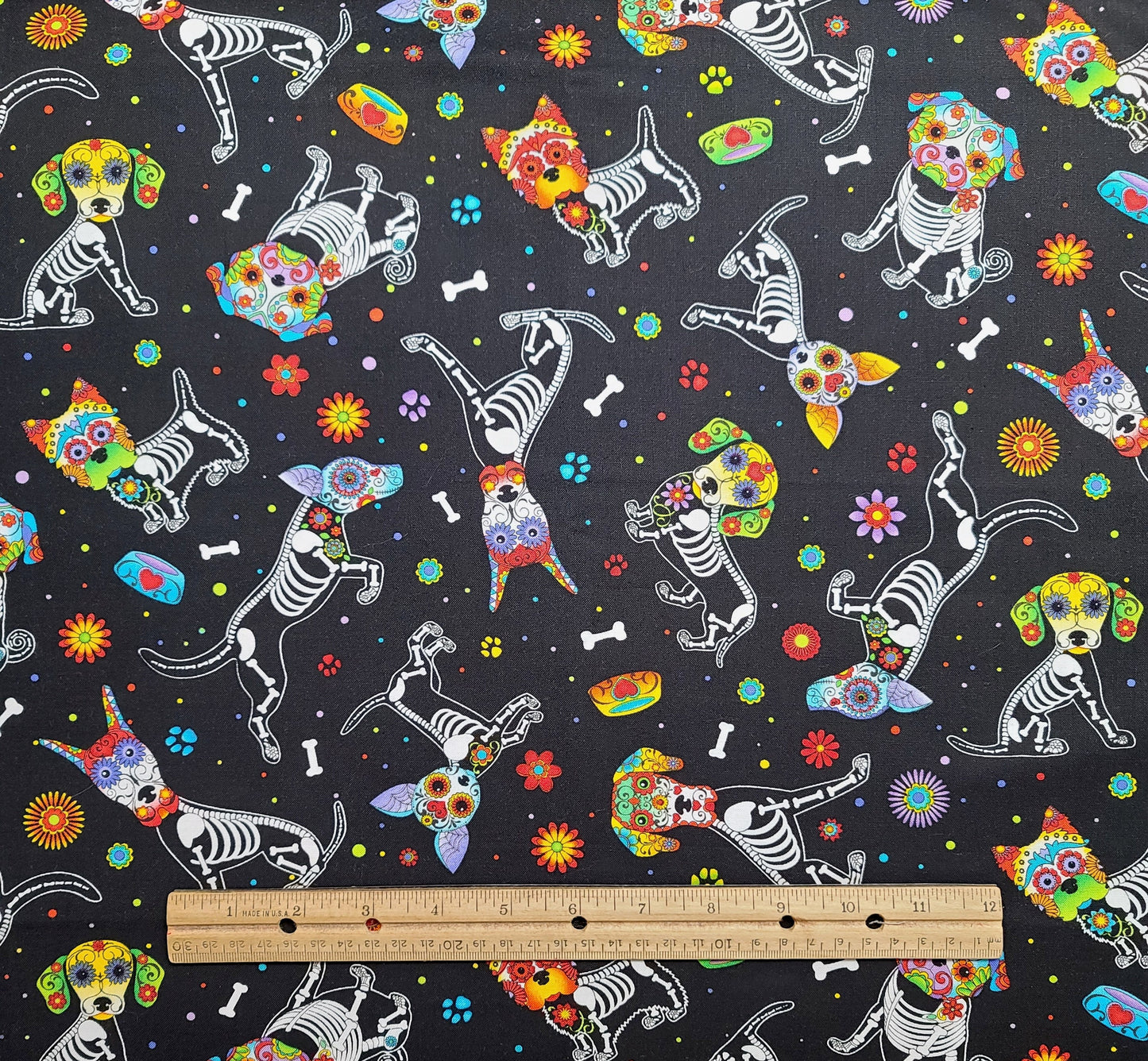 Timeless Treasures Fabrics of SoHo Patt#DOG-C4640 - Black Fabric / Dia de Los Muertos Dog and Flower Print