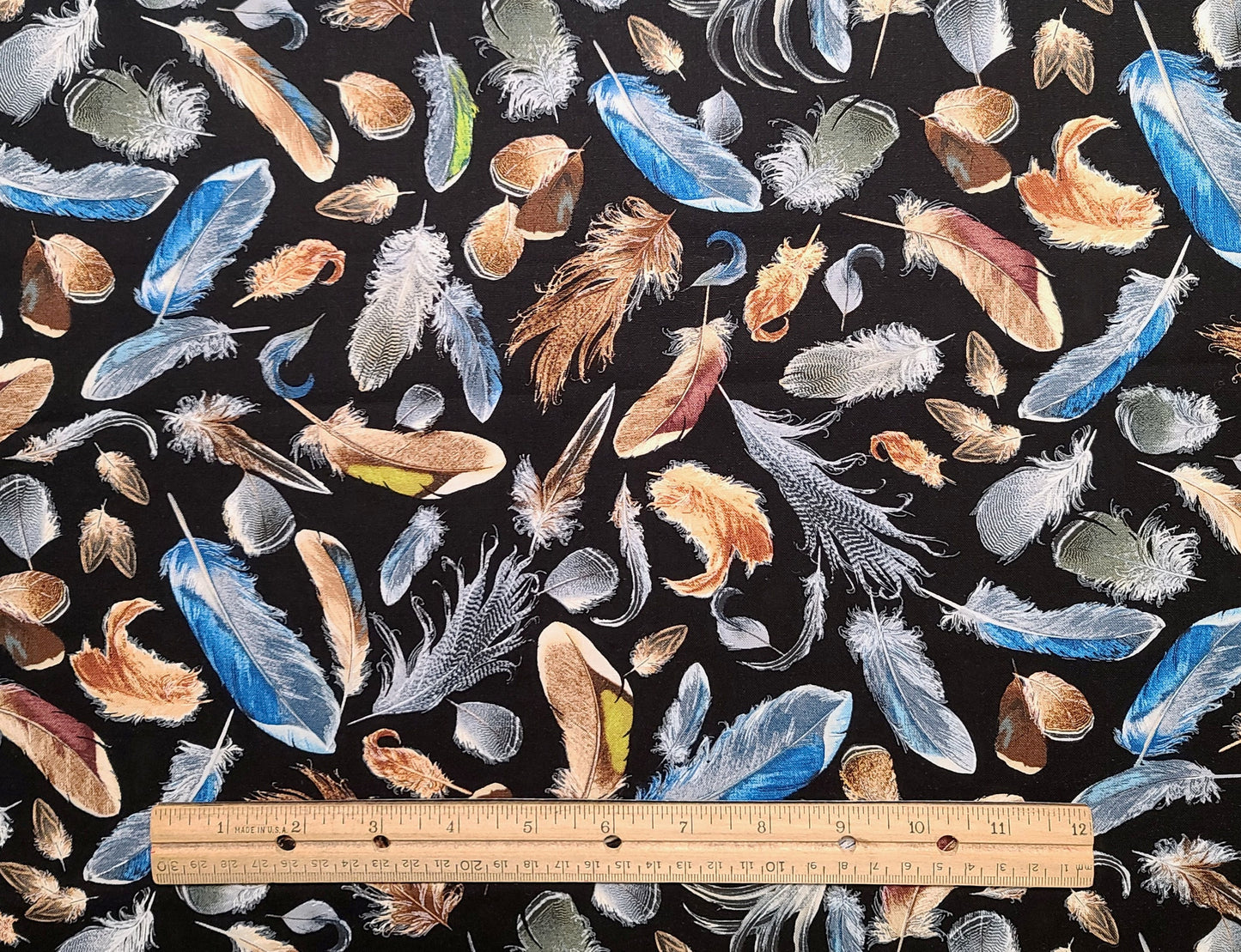 EOB - Timeless Treasures Fabrics of SoHo Patt#NATURE-C6689 - Black Fabric / Blue, Tan, Brown, Gray, White Feather Print