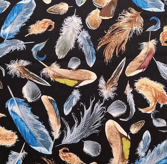 EOB - Timeless Treasures Fabrics of SoHo Patt#NATURE-C6689 - Black Fabric / Blue, Tan, Brown, Gray, White Feather Print