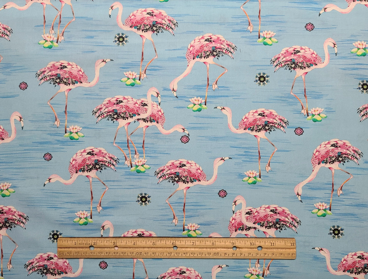 EOB - Kate Follows Portfolio Select Ltd for QT Fabrics - Light Blue Tonal Fabric / Pink, Blue, Green Flamingo Print