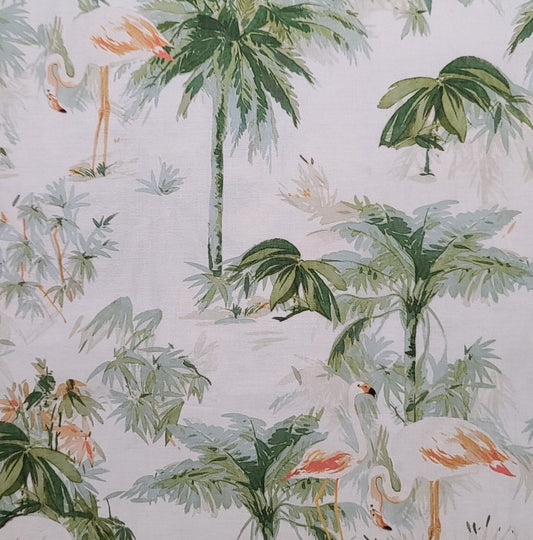 EOB - Flamingo Paradise Design #18815 Studio RK for Robert Kaufman - White Fabric / Green, Pink, Coral Flamingo and Palm Tree Print