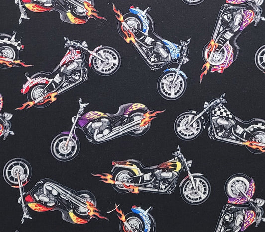 EOB - Elizabeth's Studio Patt#281 - Black Fabric / Brightly Colored "Chopper" Motorcycle Print