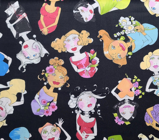 EOB - Tossed Button Heads Loralie Harris for Loralie Designs - Black Fabric / Colorful Cartoon-Style Women Print.