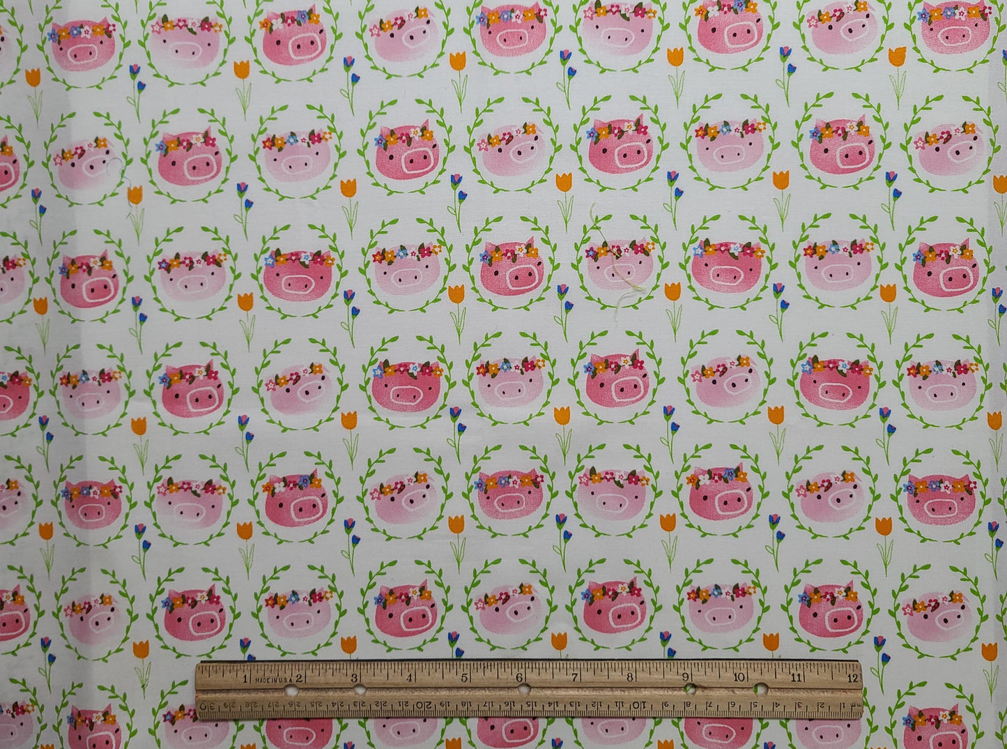 EOB - Wyndham Fabrics Presents Julia by Whistler Studios Pattern #51126 - White Fabric / Pink Tonal Pig Face with Flower Crown Print