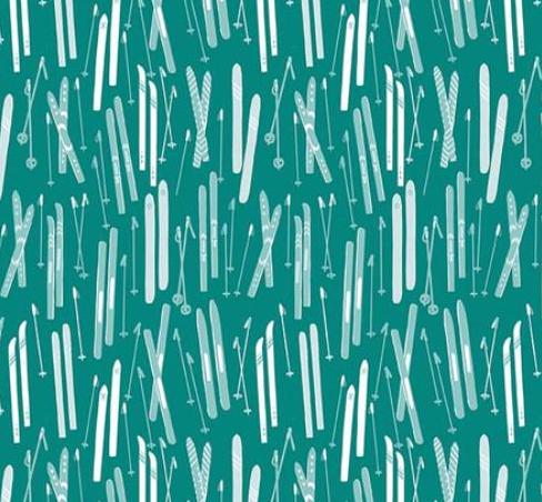 Riley Blake Designs Pattern C14771 Ski Hill by Corinne Wells 2023 - Teal Fabric Ski and Ski Pole Print