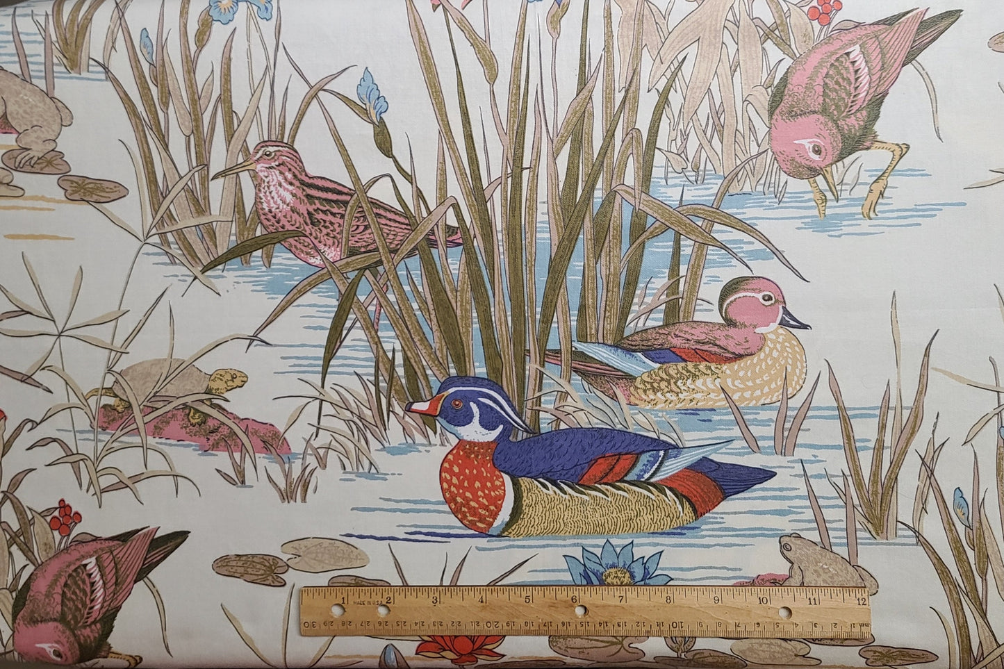 Vintage 36" WIDE Soft White Fabric / Pink, Blue, Tan Duck, Bird, Frog, Turtle Print