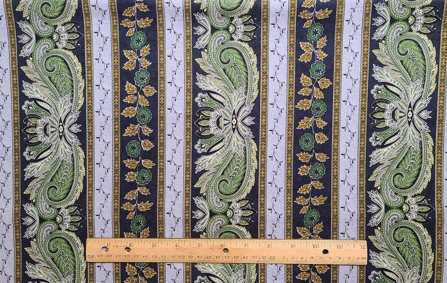 Sari by RJR Fabrics 2005 - Dark Blue, Light Blue, Green, Gold Flower and Paisley Print Border Stripe Fabric