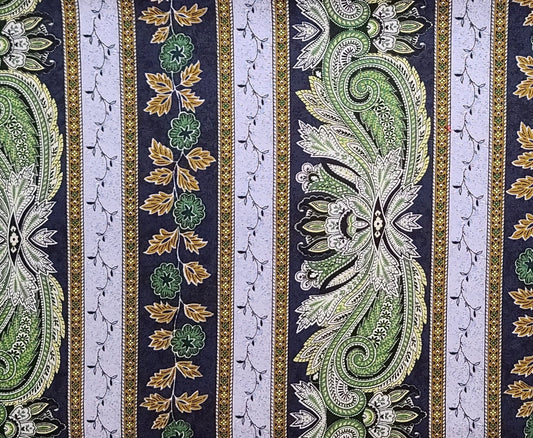 Sari by RJR Fabrics 2005 - Dark Blue, Light Blue, Green, Gold Flower and Paisley Print Border Stripe Fabric