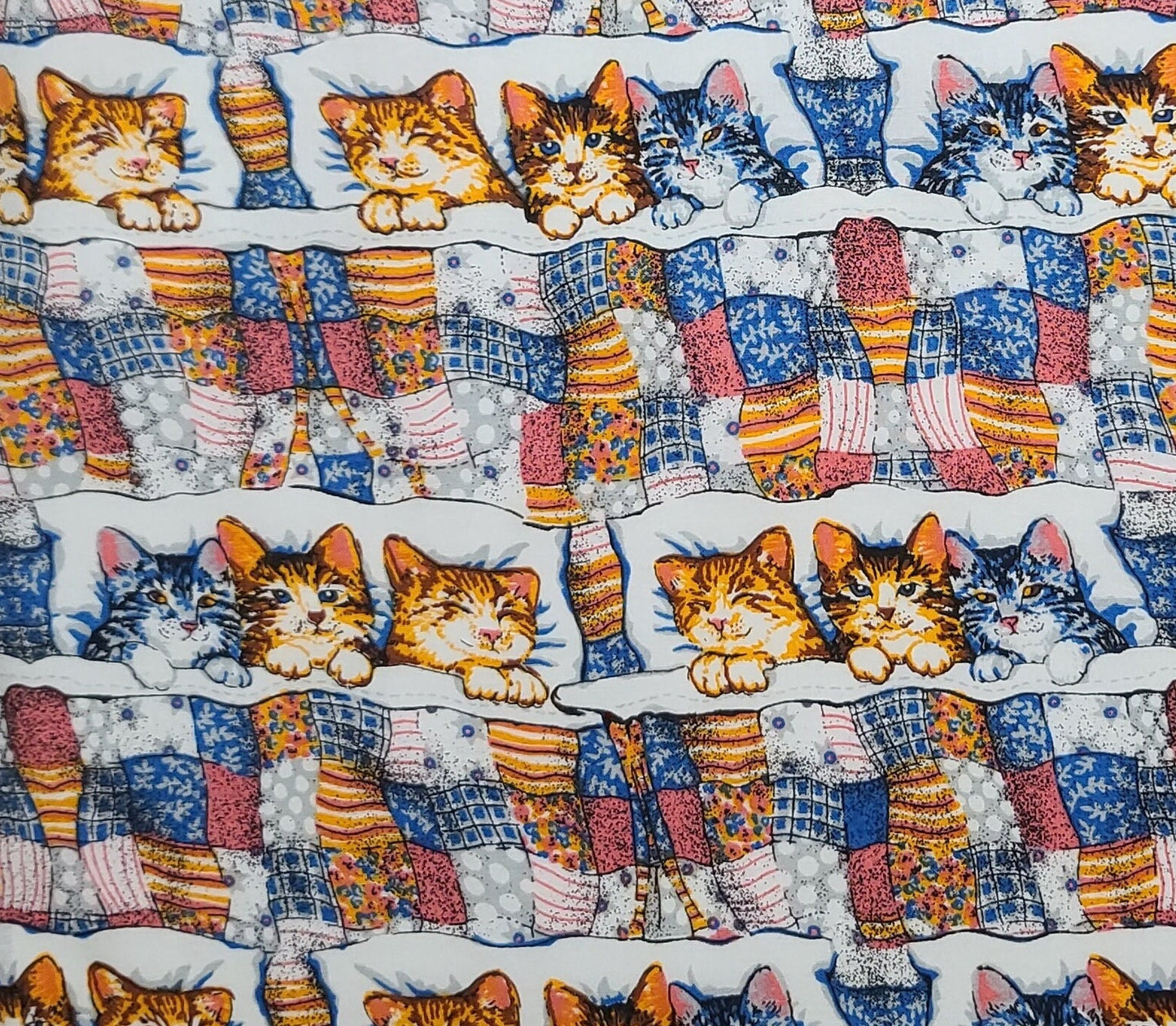 Slumber Kittens by Joe Boxer 1994 - White, Pink, Blue, Gold, Black Kittens with Patchwork Quilts Print Fabric