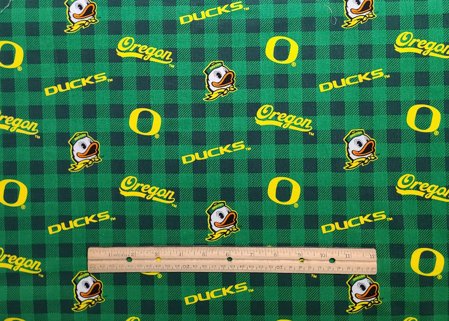 EOB - Sykel Ent Fabrique Innovations Pattern OR1207 Licensed to University of Oregon - Green and Black Plaid Fabric / Oregon Duck Logo