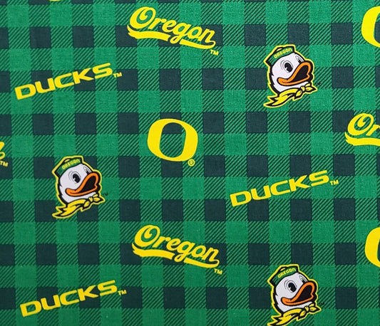 EOB - Sykel Ent Fabrique Innovations Pattern OR1207 Licensed to University of Oregon - Green and Black Plaid Fabric / Oregon Duck Logo