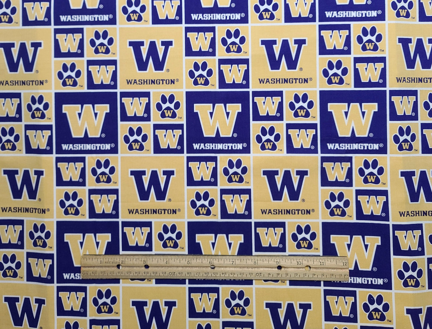 EOB - Sykel Ent Fabrique Innovations Pattern WA020 Licensed to University of Washington - Purple, White, Gold Block Fabric / UW, Paw Print