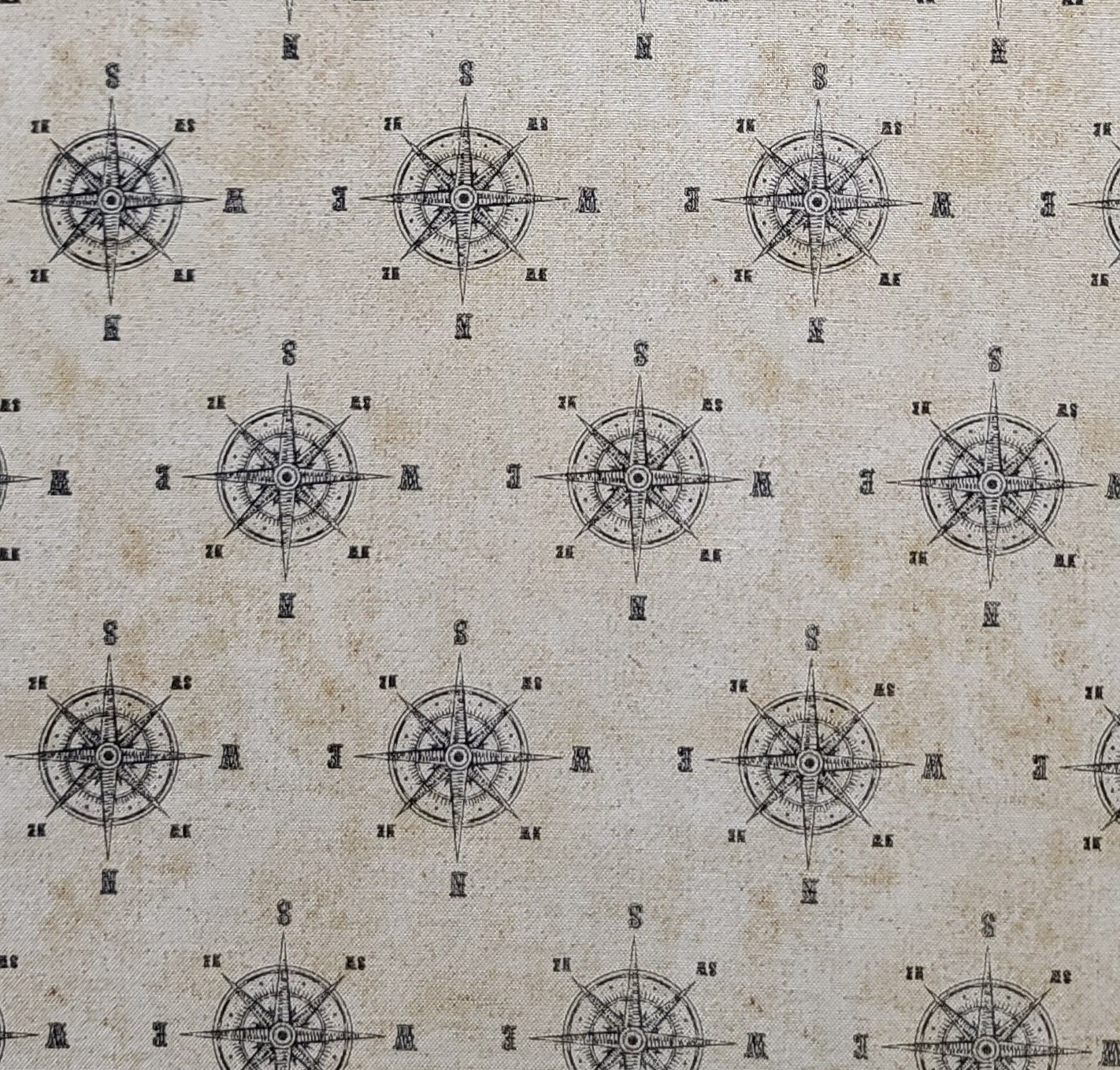 EOB - Wyndham Fabrics Presents World Maps Sue Schlabach Licensed by Wild Apple - Tan Tonal Fabric / Black Compass Rose Print