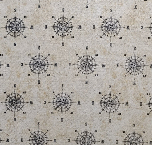 EOB - Wyndham Fabrics Presents World Maps Sue Schlabach Licensed by Wild Apple - Tan Tonal Fabric / Black Compass Rose Print