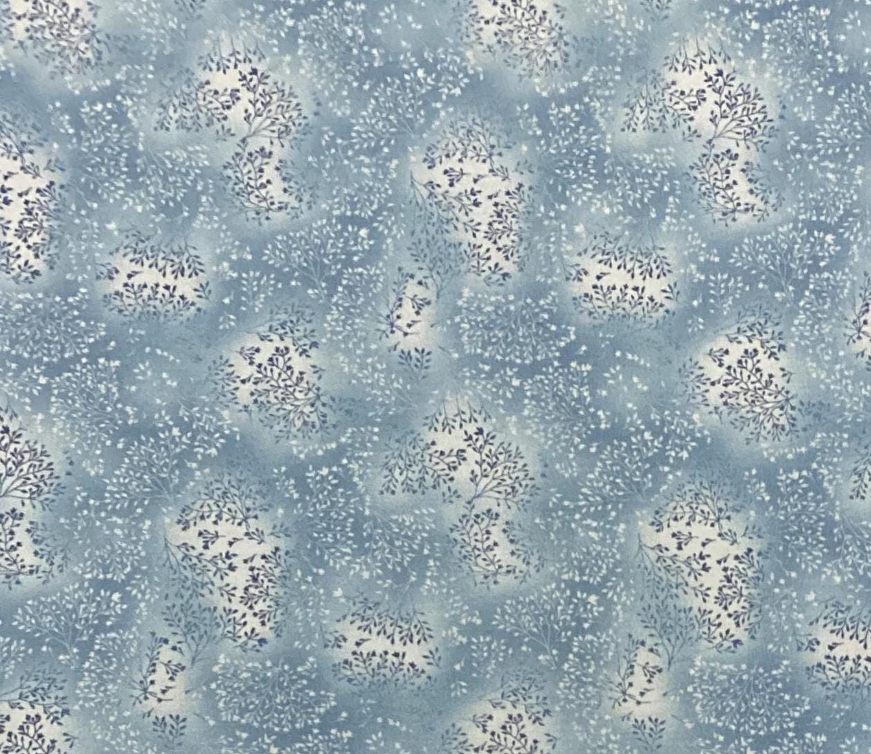 Pale Blue and Medium Blue Tonal Fabric / White and Dark Blue Leaf Print - Selvage to Selvage Print - 14" x 56"