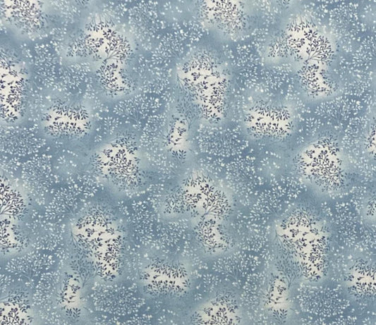 Pale Blue and Medium Blue Tonal Fabric / White and Dark Blue Leaf Print - Selvage to Selvage Print - 14" x 56"