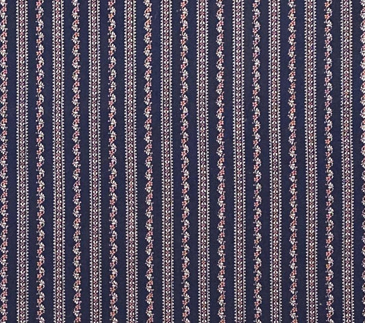 Vintage 35" WIDE Navy Blue Fabric / Tiny Cream and Coral Flower Vertical Stripe (Parallel to Selvage) Fabric - Selvage to Selvage Print