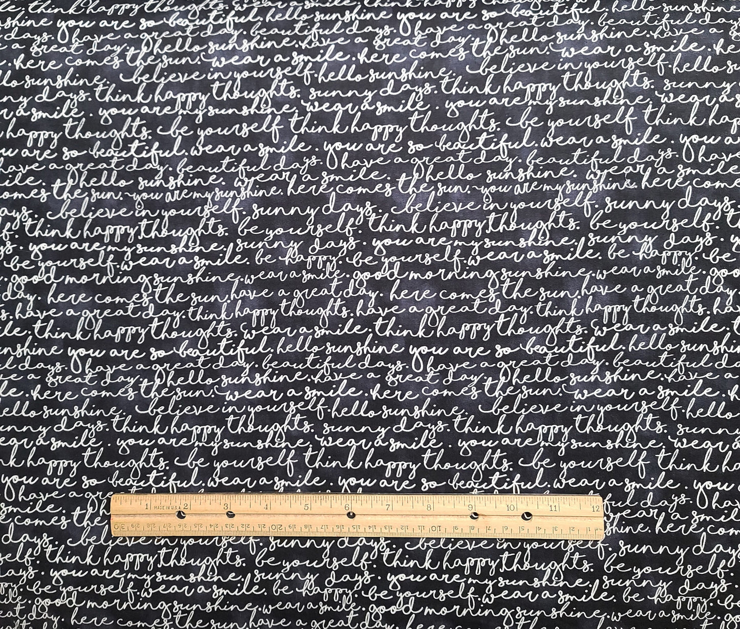 Timeless Treasures Fabrics of SoHo Patt#GAIL-C5495 - Black Fabric / White Cursive Inspirational Script Pattern