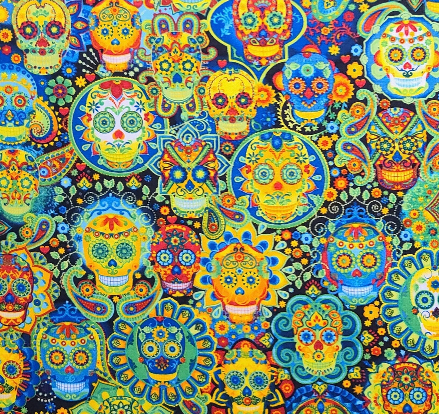 Timeless Treasures Fabrics of SoHo Patt#FUN-C7378 - Bright Green, Blue, Red, Orange, Yellow Dia de Los Muertos Print Fabric