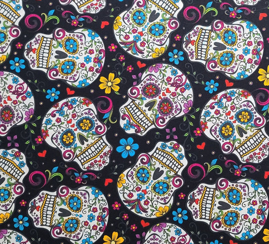 David Textiles Inc - Black Fabric / White Dia de Los Meurtos Print Fabric / Brightly Colored Flowers