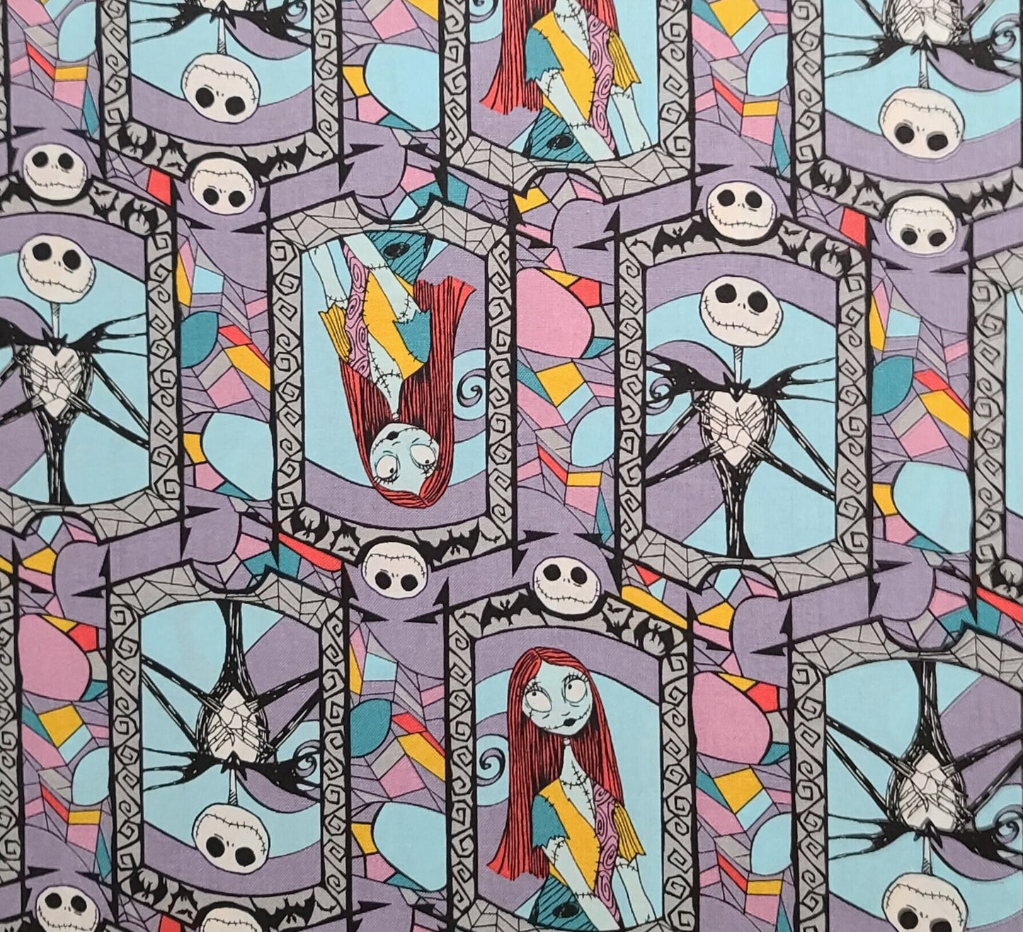 CP65164 Sally and Jack Stained Glass Disney for Springs Creative 2020 - Lavender Fabric / Blue, Black, White Block Print