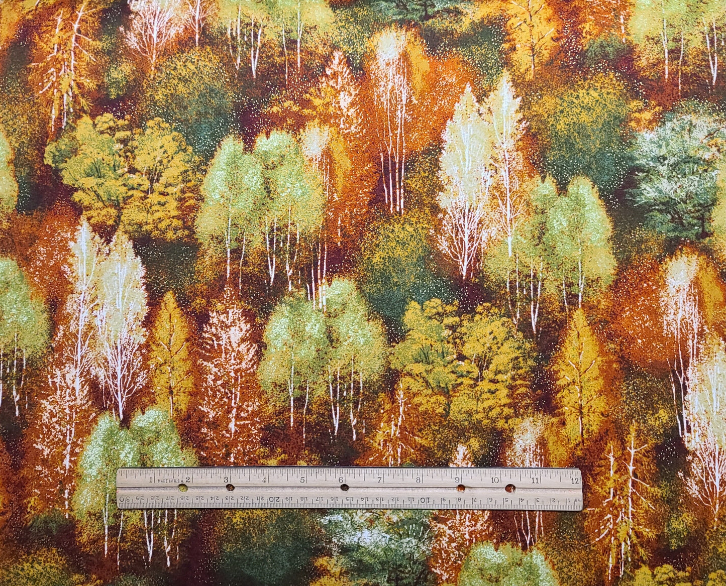 Shades of the Season Design #16040 for Robert Kaufman - Rust, Brown, Green, Gold, White Tree Print Fabric