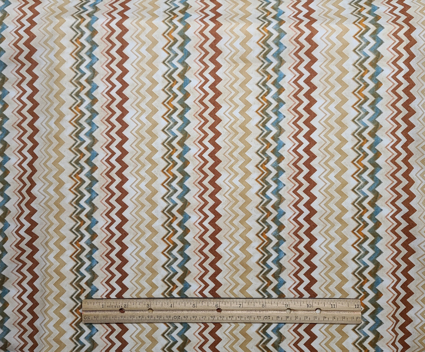 Studio 8 Quilting Treasures - Cream, Tan, Rust, Turquoise Zig Zag Border Stripe Print