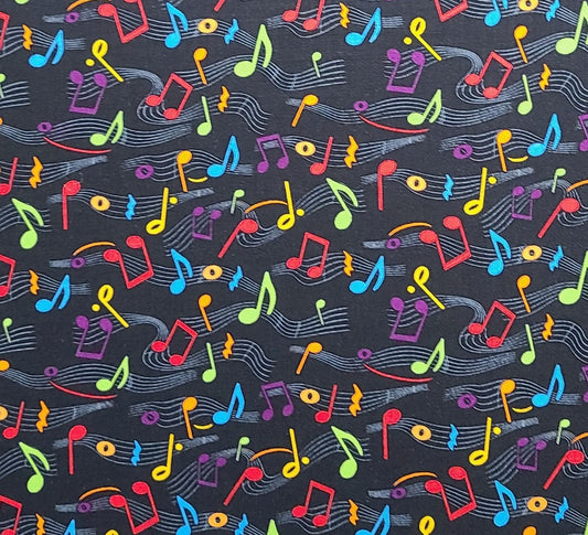 Hi-Fashion Fabrics Inc Patt#2101 - Black Fabric / Gray, Bright Green, Blue, Orange, Red Sheet Music Print