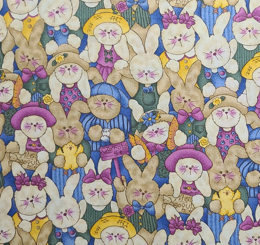 Bunny Kins for Jelly Bean Junction Cheri L Strole MMFab Inc - Bright Purple, Blue, Green, Gold, Cream Packed Bunny Print Fabric