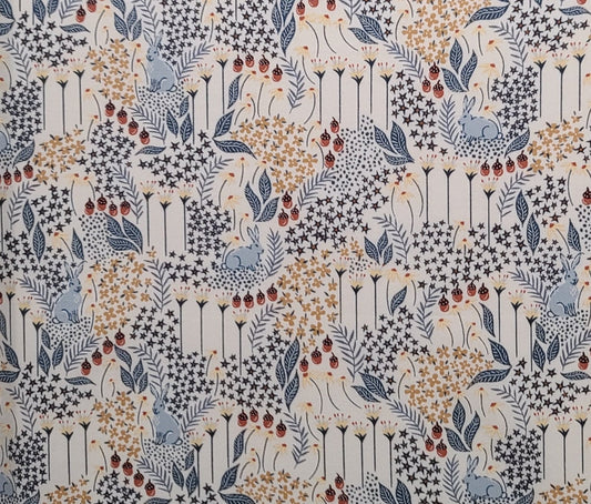 Dear Stella Patt#STELLA-1073 - White Fabric / Slate Blue, Gold, Tan Rabbit, Flower, Acorn Print