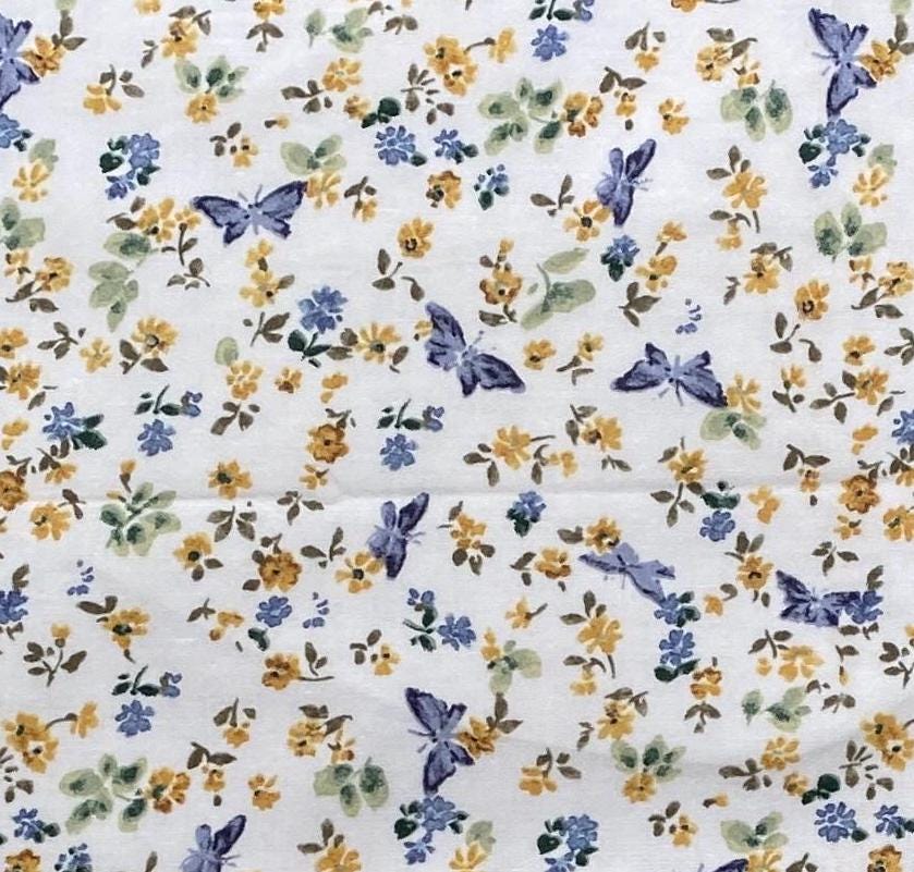 EOB - Vintage Soft White Fabric / Blue Tonal Butterflies / Gold Flowers / Multi-Green Leaves - Selvage to Selvage Print