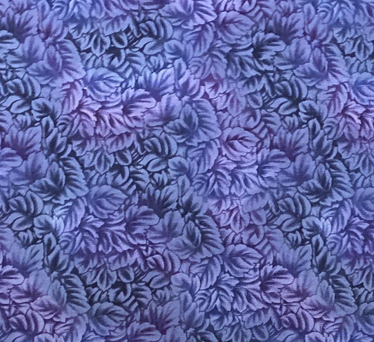 EOB - Designed by Beth Ann Bruske for David Textiles Inc - Navy Blue Fabric / Allover Purple, Lavender, Dark Blue, Gray Leaf Print