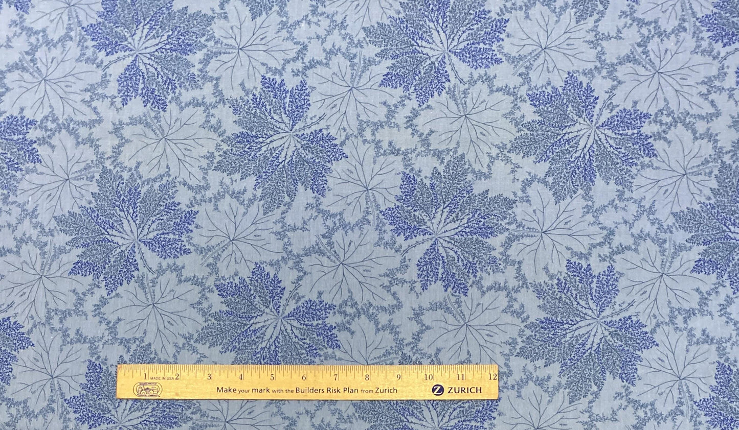 Light Denim Blue Fabric / Dark Blue and Teal Leaf Print / 60" x 28" (One Selvage)