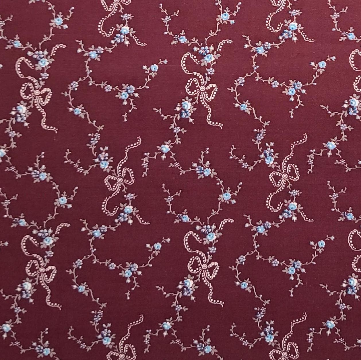 VIP Print Cranston Print Works  - Wine Colored Fabric / White, Blue, Olive Ribbon and Flower Vine Print