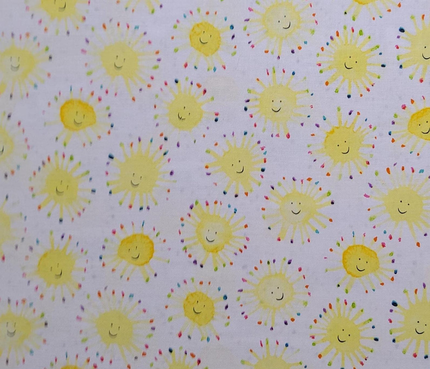 Wyndham Fabrics Presents Rain or Shine by Maria Carluccio Pattern #51650 - White Fabric / Bright Yellow Happy Face Sun / Bright Pastel Ring