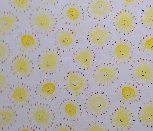 Wyndham Fabrics Presents Rain or Shine by Maria Carluccio Pattern #51650 - White Fabric / Bright Yellow Happy Face Sun / Bright Pastel Ring