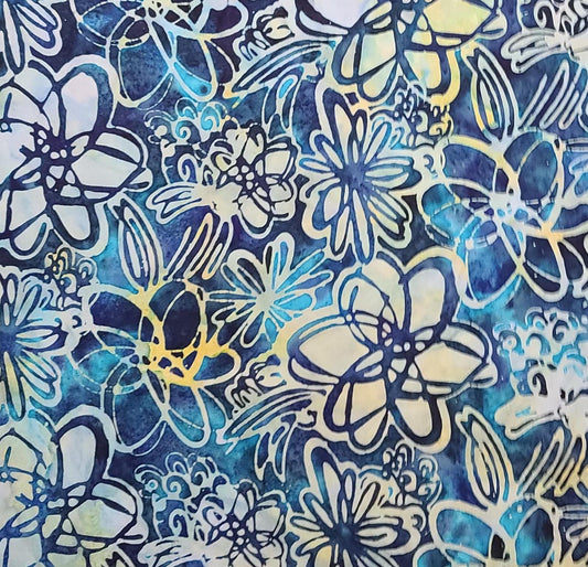 BATIK - Dark Blue, Bright Blue, White, Gold Fabric / Flower Tjap