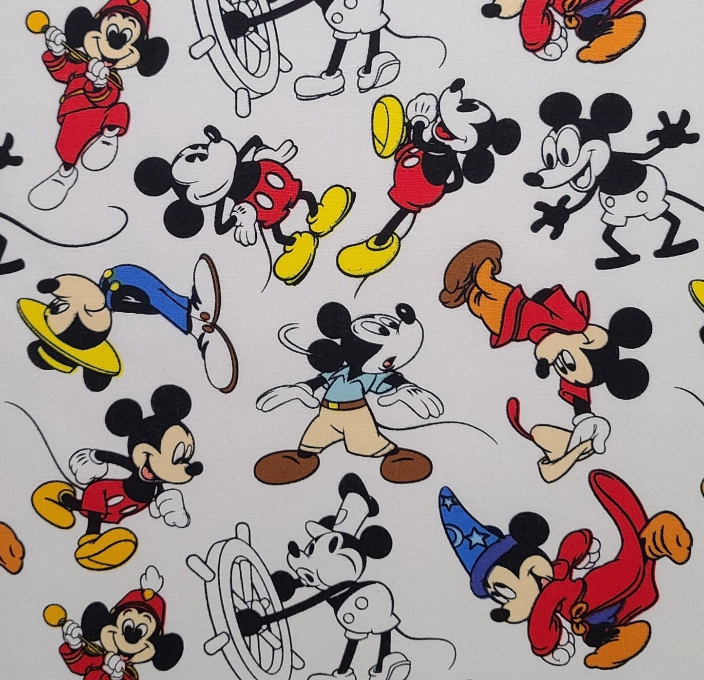 CP68057 Mickey Through the Years Disney for Springs Creative 2020 - White Fabric / Mickey Mouse and Steamboat Willy Print