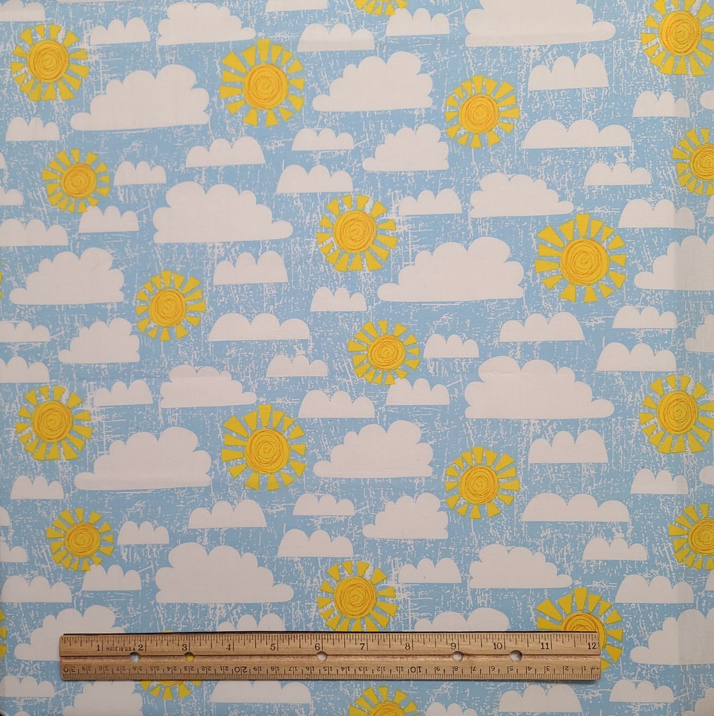 Dandy Dinos Arrolynn Weiderhold Licensed to WP - Sky Blue and White Patterned Fabric / White Cloud and Yellow Sun Print