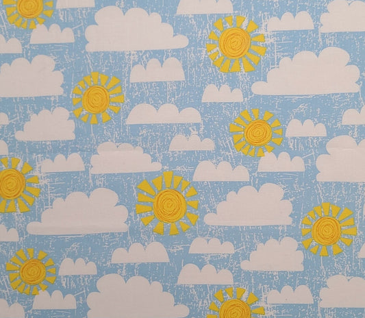 Dandy Dinos Arrolynn Weiderhold Licensed to WP - Sky Blue and White Patterned Fabric / White Cloud and Yellow Sun Print