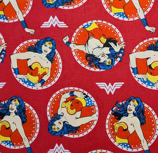 678361955057 Wonder Woman DC Comics Camelot Fabrics - Red Fabric / Blue, White, Yellow Tossed Badges