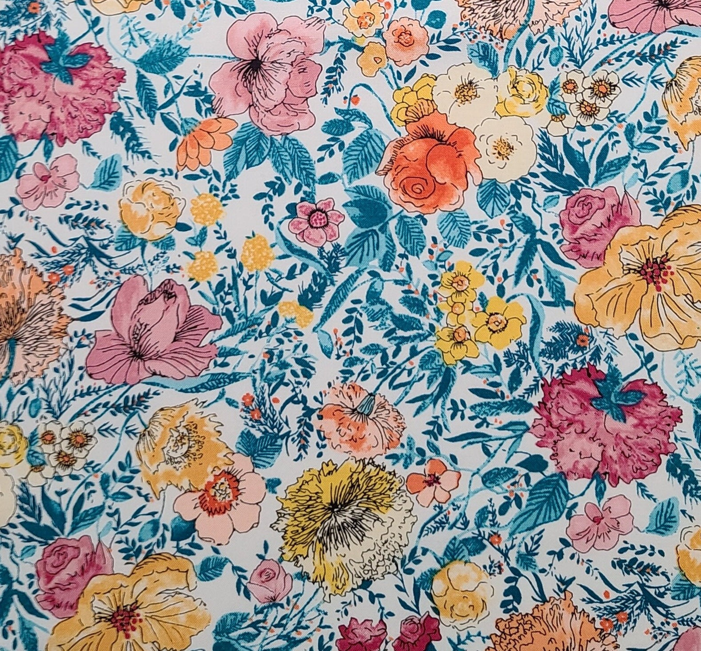 Cascade Meadow by Connecting Threads #92653 2019 - White Fabric / Apricot, Pink, Teal Flower Print