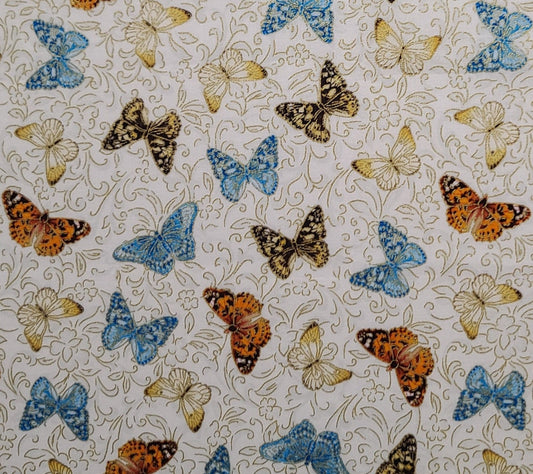 EOB - Benartex Pattern #BUTTERFLYGARDEN-CM8934 - White Fabric / Teal, Black, Orange, Gold Butterfly Print / Gold Metallic Accents