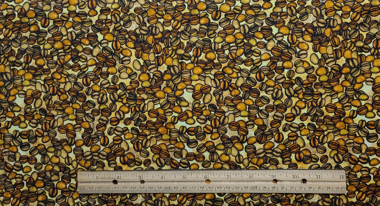 EOB - Dan Morris Design 2018 for QT Fabrics - Gold Tonal Fabric / Coffee Bean Print