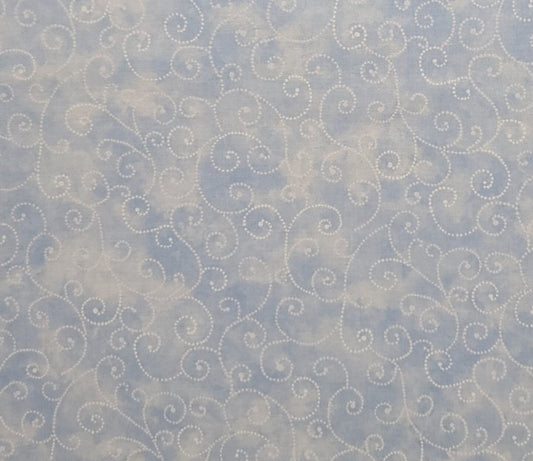 EOB - Marvel Swirl by Moda - Pale Blue and White Fabric / White Dotted Scroll Pattern